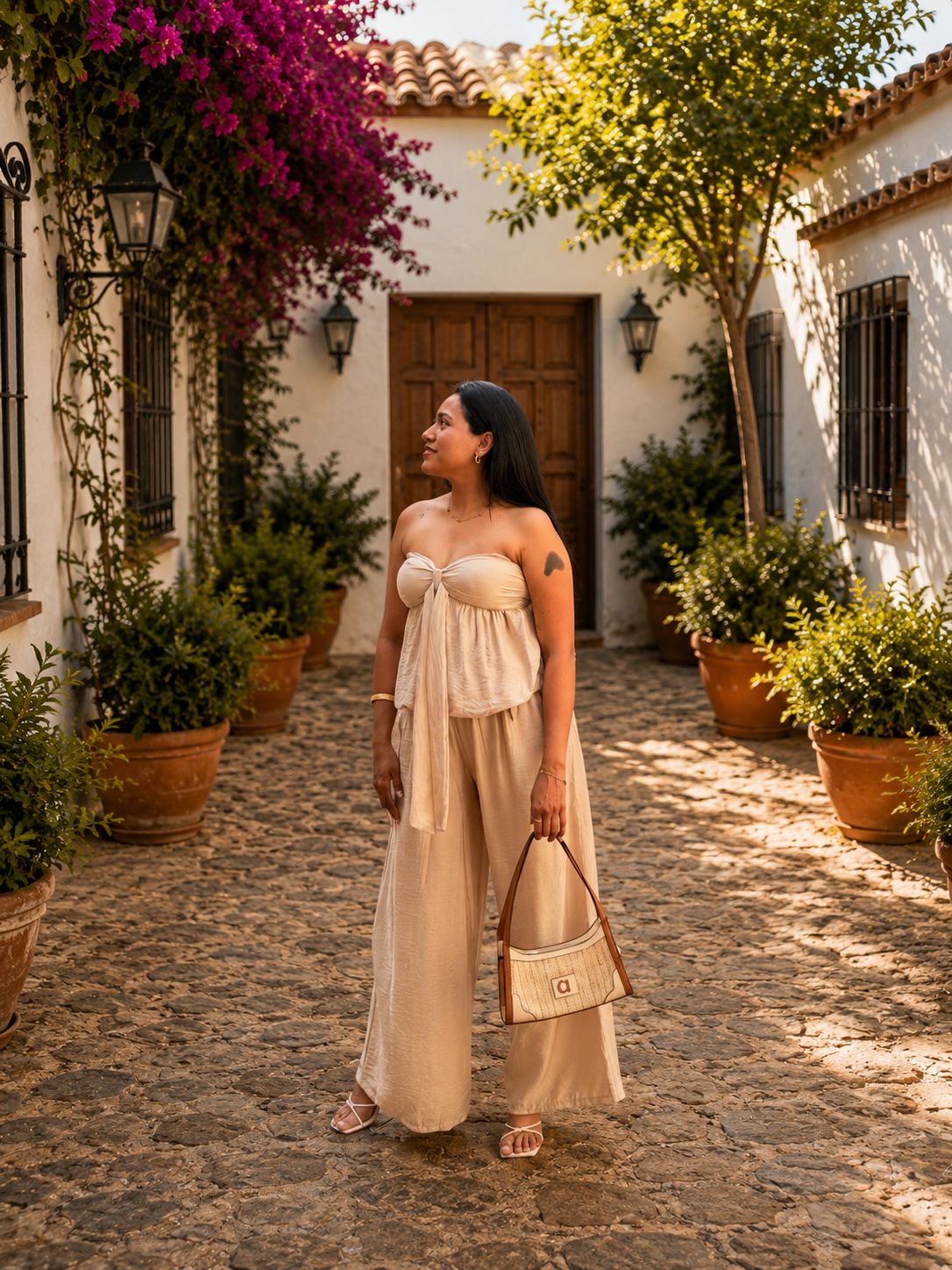 Conjunto de top con cordón  para hacer lazo o pasarlo por el cuello, pantalón de pierna ancha